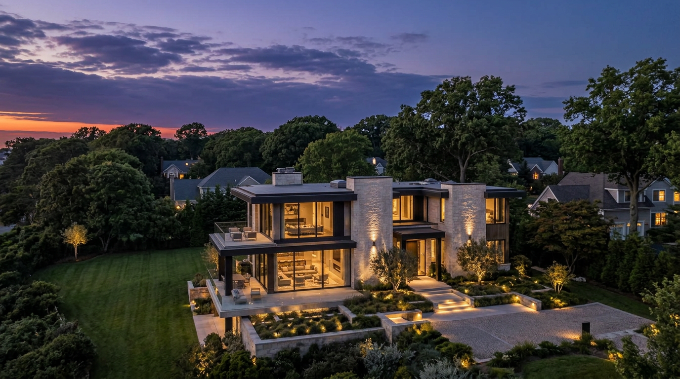 Contemporary coastal home photographed at blue hour